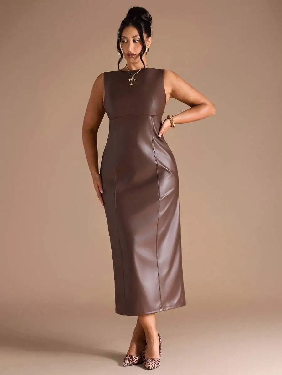 

Женское облегающее миди-платье без рукавов из искусственной кожи коричневого цвета