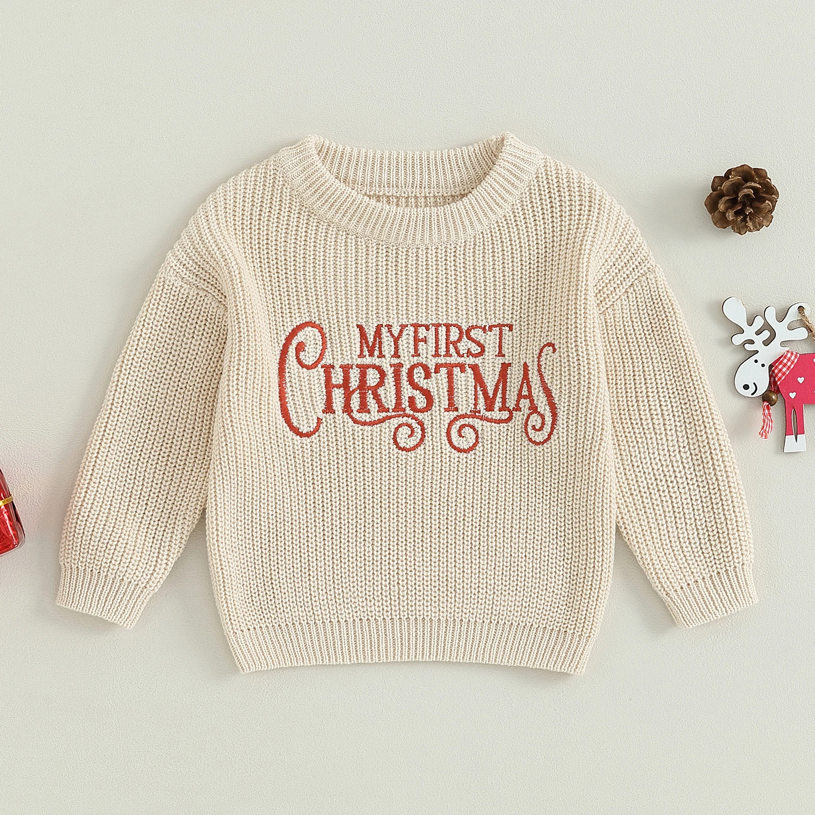 0-24Months Baby Girls Boys Christmas Knit Sweater Fall Clothes Long Sleeve Letter Embroidery Pullover Knitwear Xmas Warm Clothes