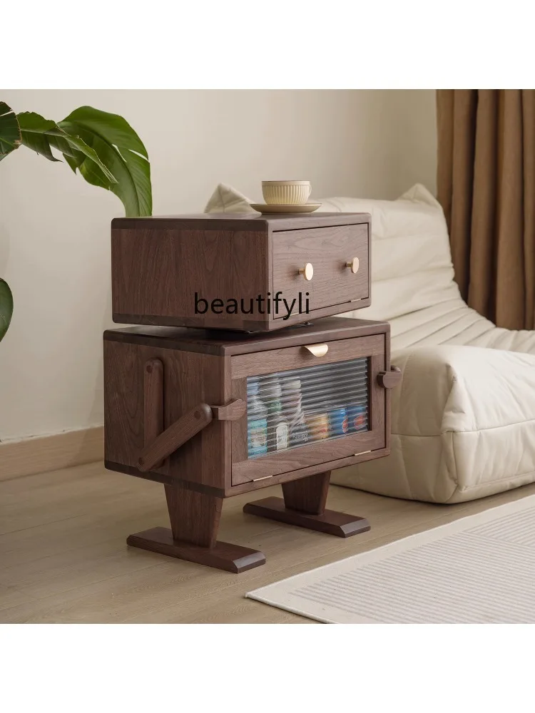 North American Black Walnut Robot Side Cabinet Solid Wood Sofa Side Table Living Room Storage Organizer Bedside Table