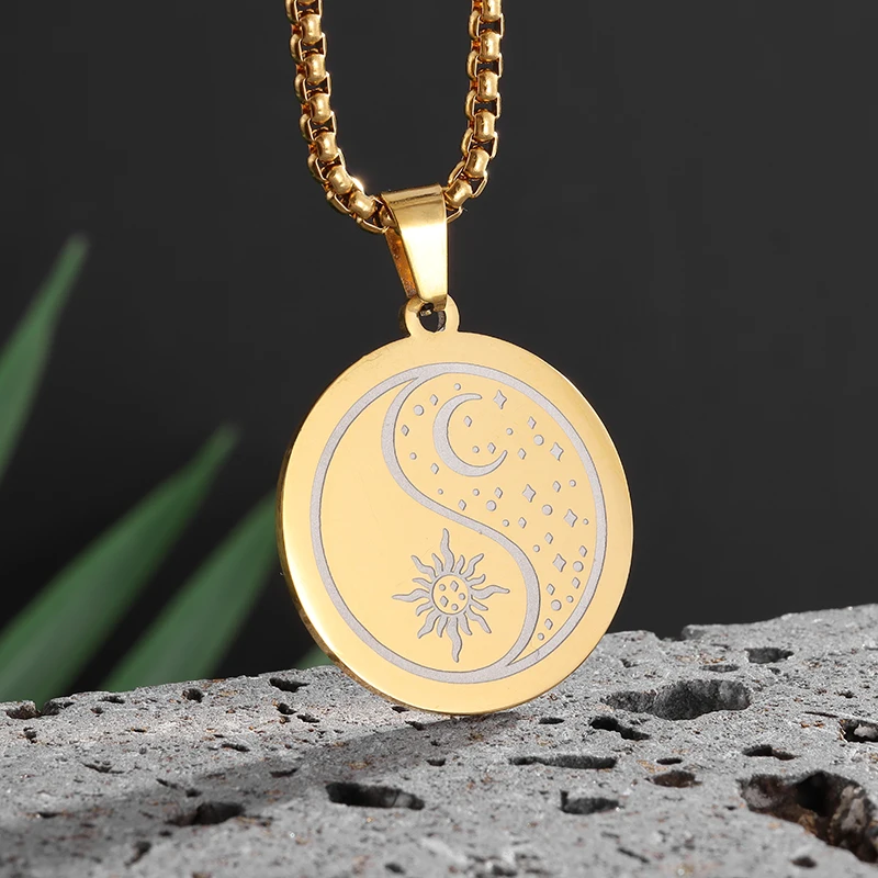 Stainless Steel Yin Yang Bagua Tai Chi Sun Moon Star Necklace Pendant Is Suitable for Men and Women Ethnic Style Amulet Jewelry