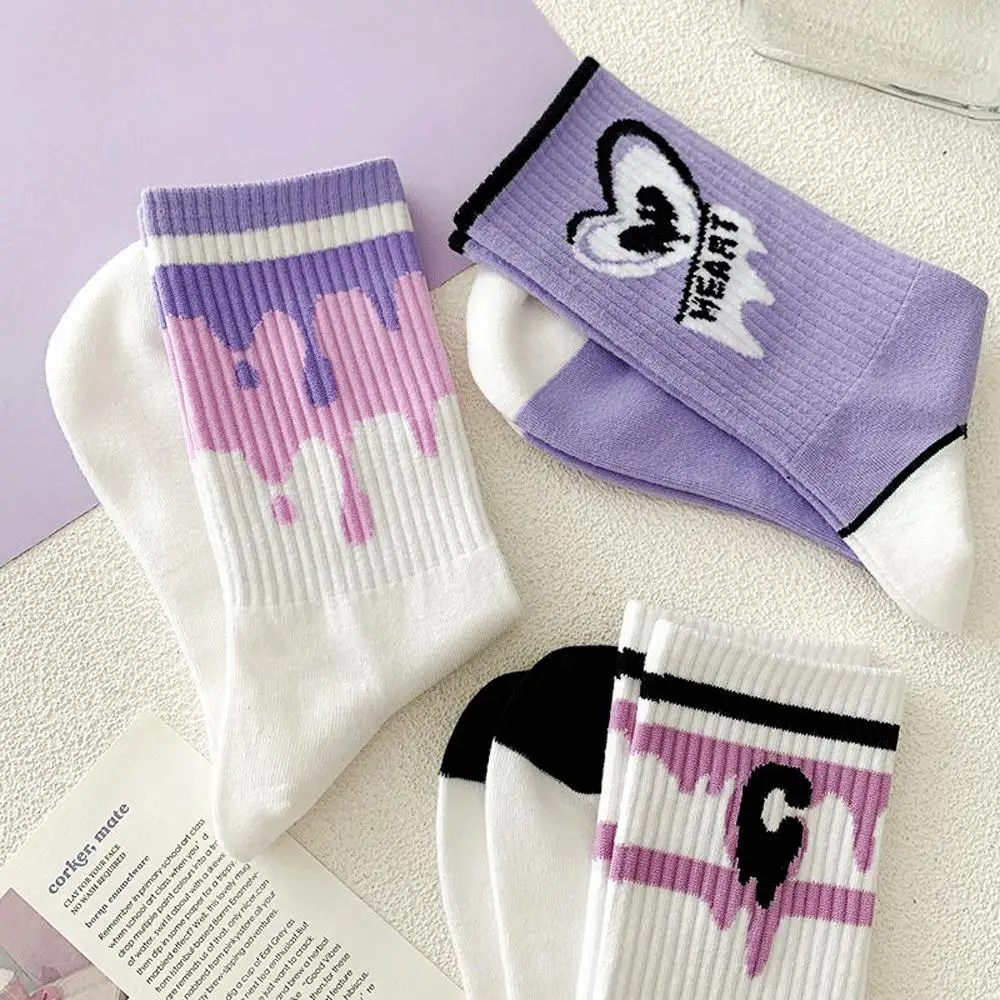 Women White Socks Cute Cotton Socks With Hearts Kawaii Preppy Korean Style Anime Purple Women Socks Set 5 Pair