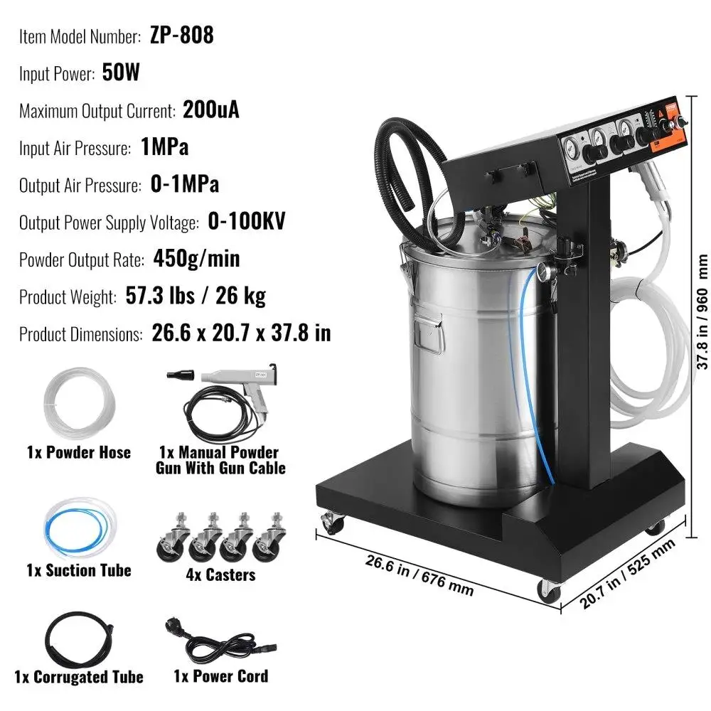 50W 100KV Electrostatic Powder Coating System 50L Hopper 450g Minute Spray  Trolley Base for indoor Outdoor