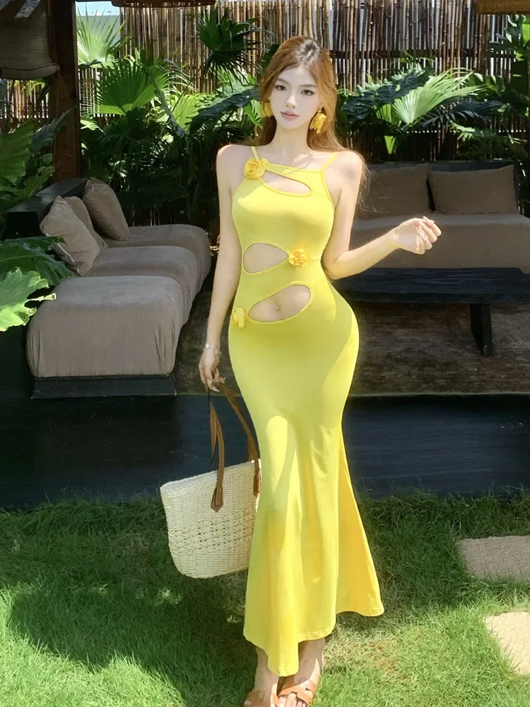 

3D Floral Hollow Out Long Dress Women Summer Beach Yellow Hotsweet Crop Dress Vacation Camisole Slim Female Knit Sexy Dress New