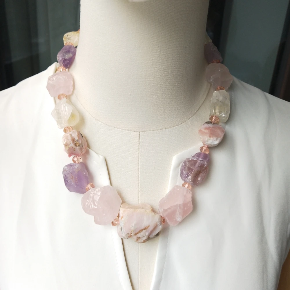 Lii Ji Real Stone Necklace Rose Quartz Lemon Quartz Amethyst Pink Opal 52cm Women Necklace Jewelry Gift