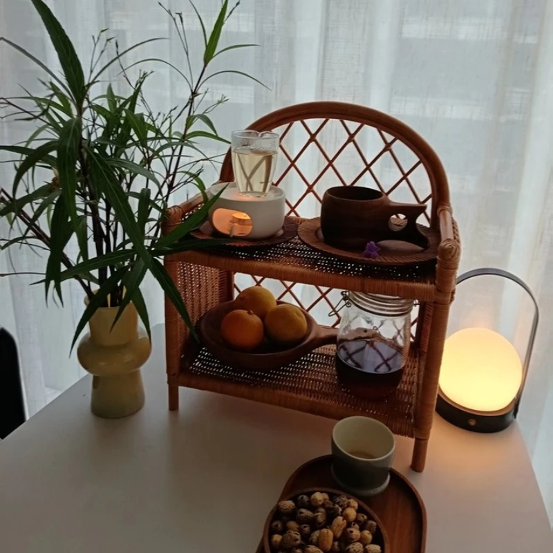 

Woven Rattan 2-Tier Storage Rack Dressing Table Organizer for Perfume Home Decorative Basket Living Room Natural Magazine Rack