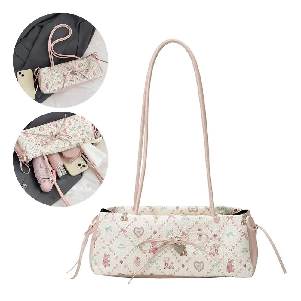 Cartoon Print Shoulder Bag Sweet Women Bow Underarm Bag Commuter Versatile Handbag Pleated Tote Bag Casual Practical Bag