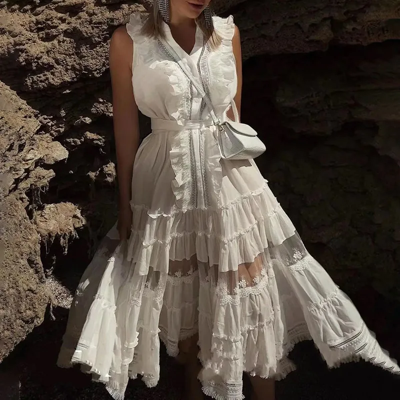 

Patchwork Sheer Mesh Dresses Women V Neck Sleeveless Off Shoulder High Waist Elegant Spliced Ruffles Summer Maxi Dress Female