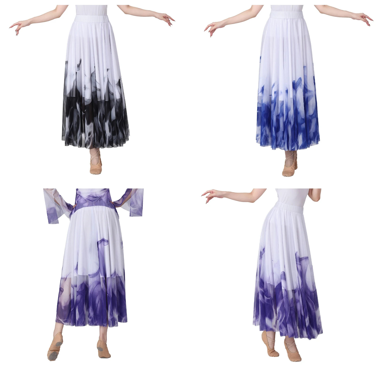 Women Oriental Dance Ink Painted Maxi Skirts Contrast Color Big Swing Mesh Skirt Dancwear for Classic Dance Lyrical Modern Dance