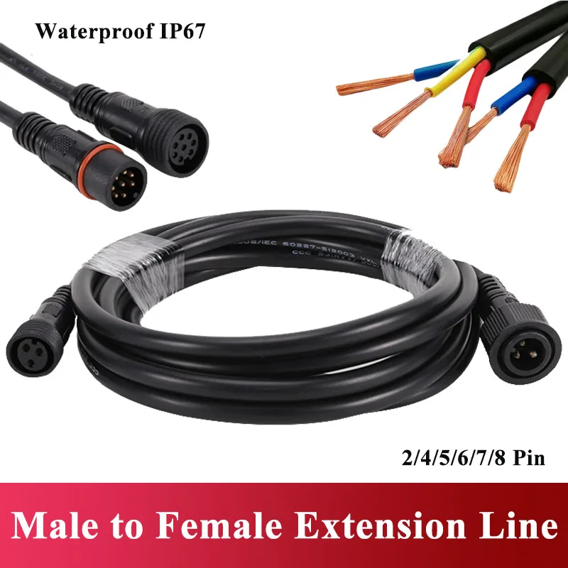 Waterproof Male to Female Extension Cord IP67 2 3 4 5 6 7 8 Pin Outdoor LED Light Connector Cable 0.3-2.5 Square Connection Wire