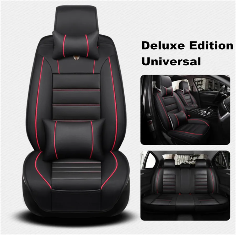 Universal Luxury Deluxe Full Seat PU Leather Car Seat Cover Cushion Pad 5D Surround Breathable +Headrests + Waist Pillows