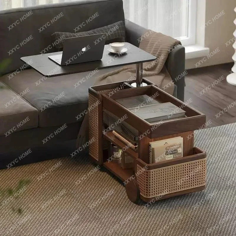 A Black walnut color movable lifting solid wood coffee table trolley household rotating coffee table