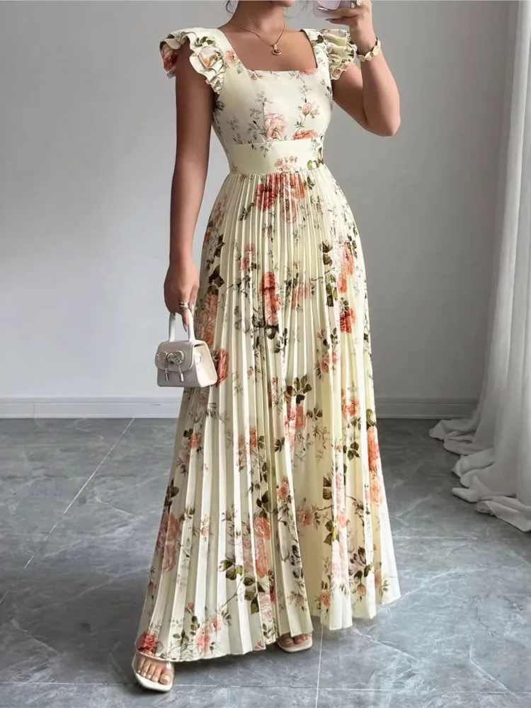 Robe plissée sans manches pour femmes, imprimé Floral, mode, taille fine, élégante, manches volantes, été, 2026