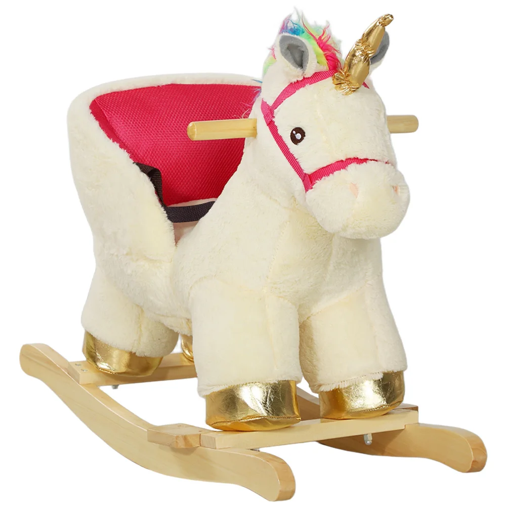 Kids Rocking Horse, Ride on Unicorn with Realistic Sounds, Safety Belt & Wooden Base, Plush Animal Rocker for Toddlers 18-36