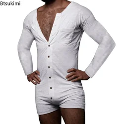 Nuevo 2025 conjuntos de pijamas sexis para hombre, mono informal de una pieza para hombre, pelele liso de manga larga, mono de una sola botonadura, ropa de dormir para hombre