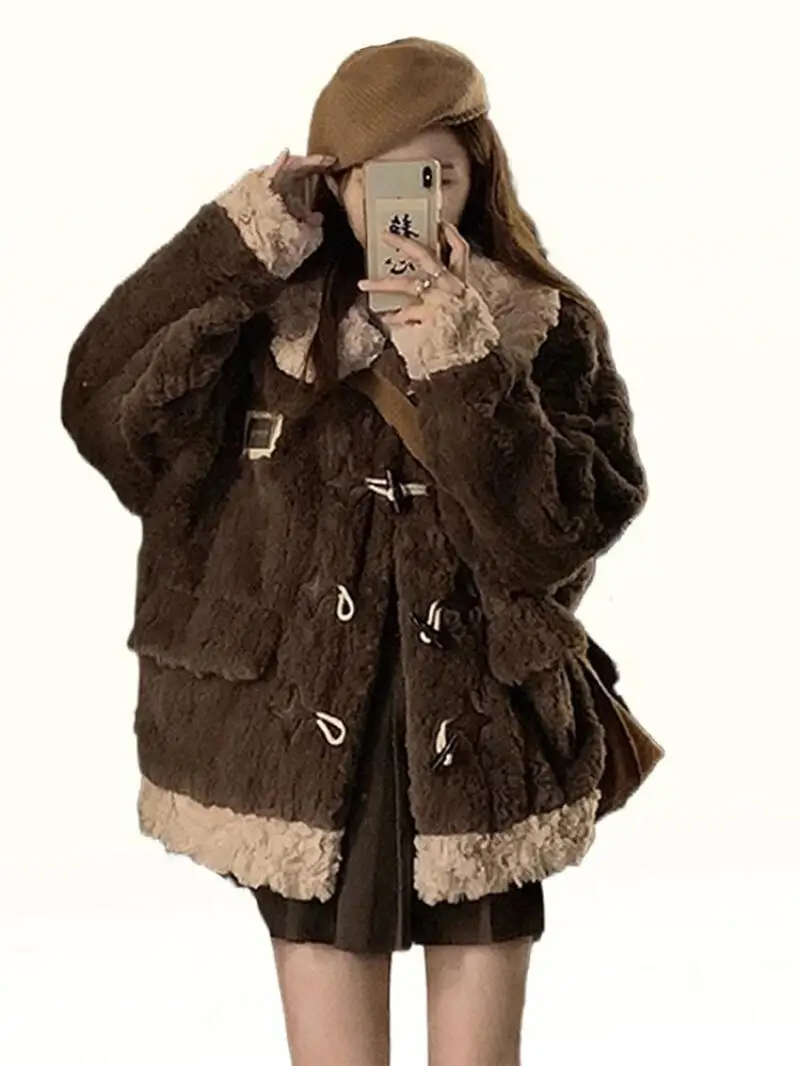 เสื้อโค้ทกันหนาวผู้หญิงไซส์ใหญ่ สไตล์เกาหลี กระดุมเขาสัตว์ เสื้อโค้ทผ้าฝ้ายหนา สำหรับผู้หญิง ฤดูหนาว อุ่นสบาย ผ้าขนแกะ