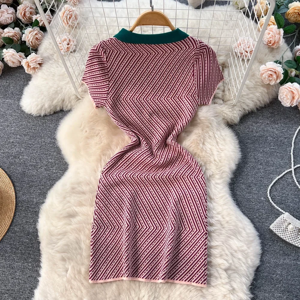 2024 Striped Knitted Short Sundress Women Short Sleeves Elastic Sheath Sexy Dress Ladies Vacation Hotsweet Beach Dress