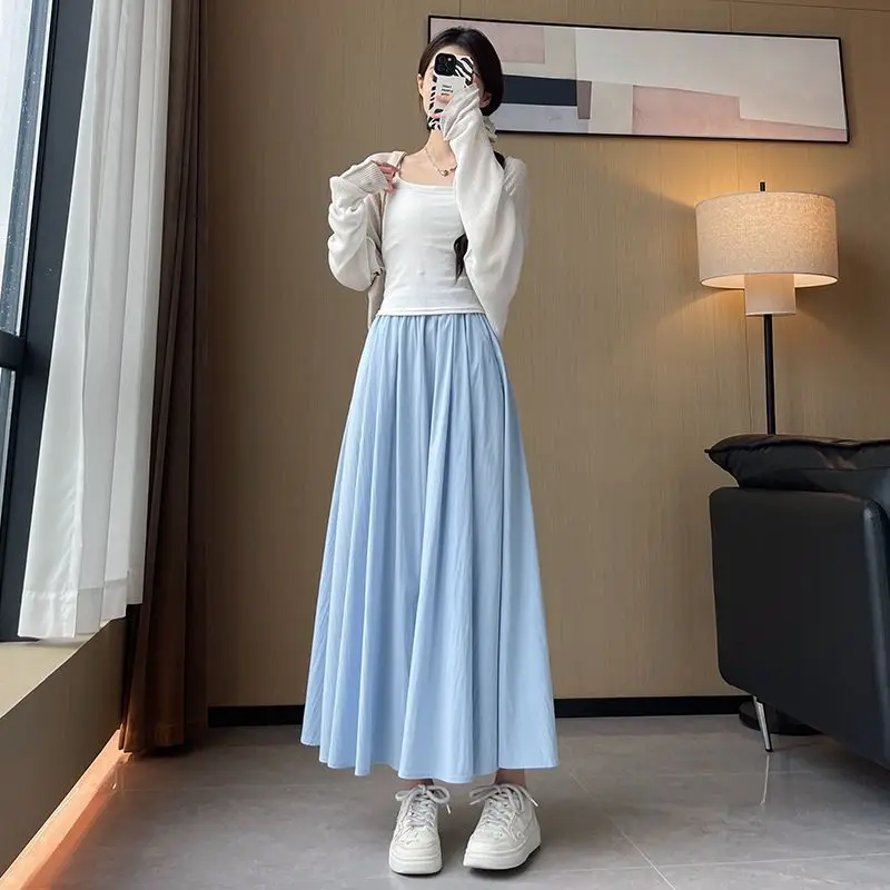 

Half-body Skirt Women Thin High- Waisted A-line Skirt Skinny Pleated Soft Drape College Style Students Simple Casual