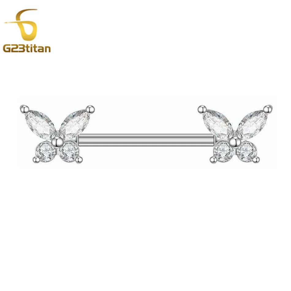 2pcs Zircon Butterfly Nipple Rings Titanium or Steel Straight Barbell Body Piercings Hypoallergenic Women Jewelry Accessory 14G