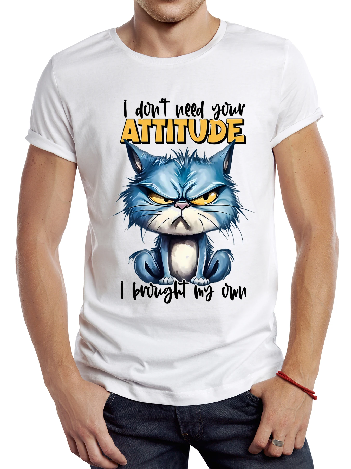 

FPACE Vintage Novelty Blue Cat Printed T shirt Cool I Don't Need Your Attitude Tops Basic Men Harajuku Funny Tshirts