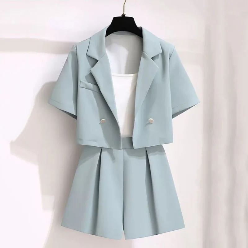 Two-piece Set Women Summer Square Shoulder Short-sleeved Short Blazer Top Loose Wide-legged Shorts Set