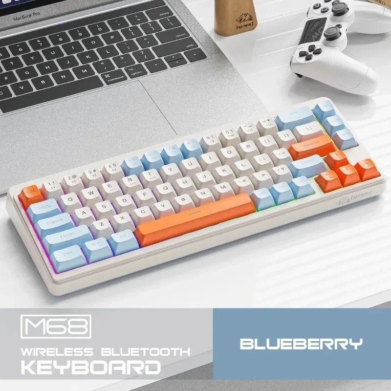 

FREEWOLF M68 68-клавишная беспроводная клавиатура, трехрежимная BT 5,0/2,4G USB C, проводная радужная RGB-подсветка, сферические колпачки для клавиш из ПБТ