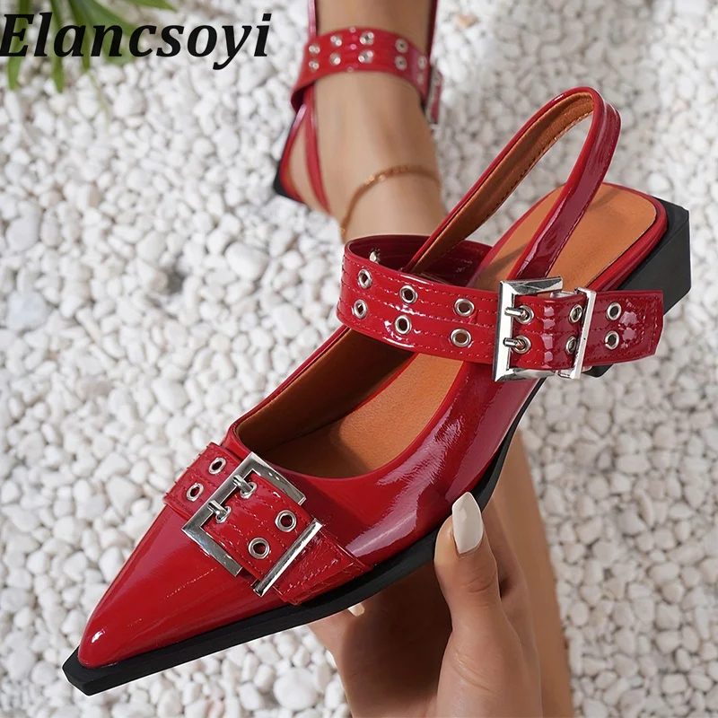 

Spring Autumn Pointed Toe Patent Leather Back Strap Sandals Women's Rivet Decoration British Style Pumps Daily Commuting Shoes