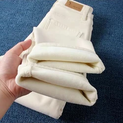 Classic Casual Ankle Length Warm Vaqueros Basic Fleece High Waist Denim Pants Plus Velvet Thicken Beige Straight Jeans Women