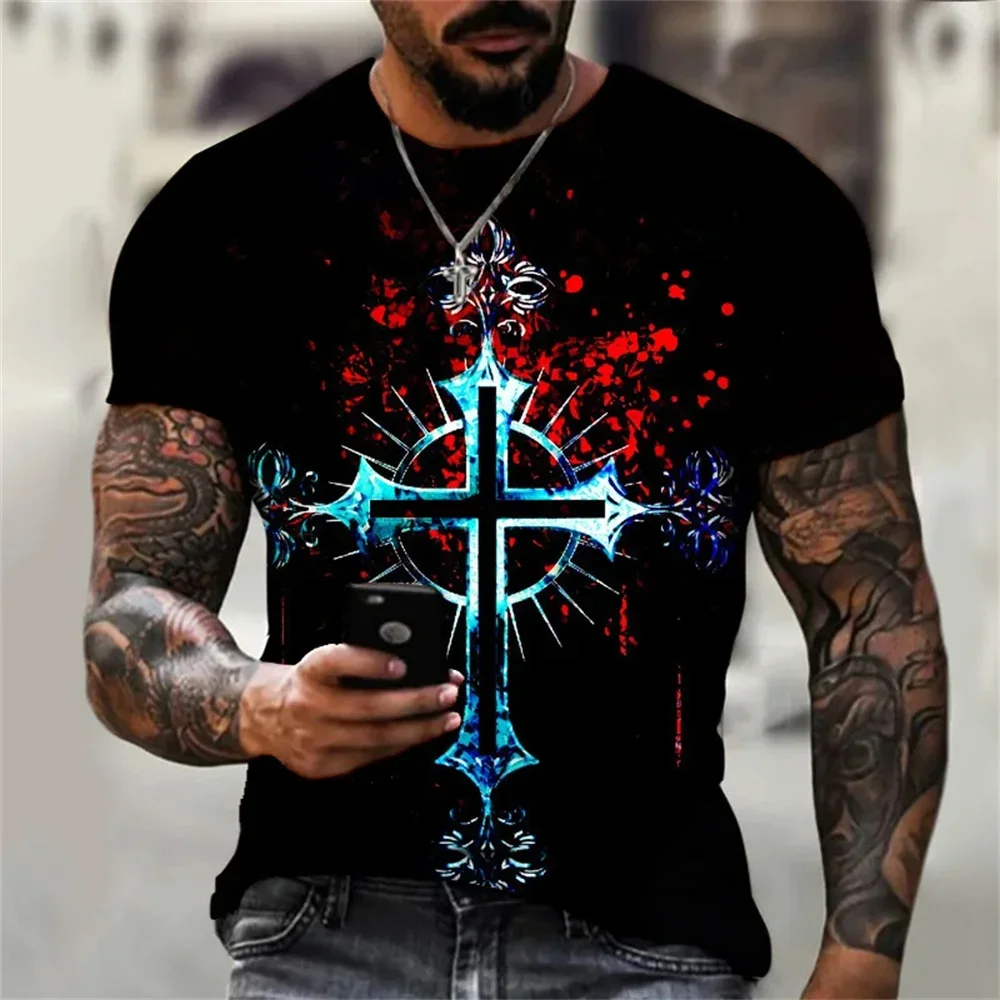 

Summer Man Streetwear Oversized Black Tops Cross T Shirts Men Religion Jesus 3D Printed Casual Vintage Short Sleeve Tee Shirt