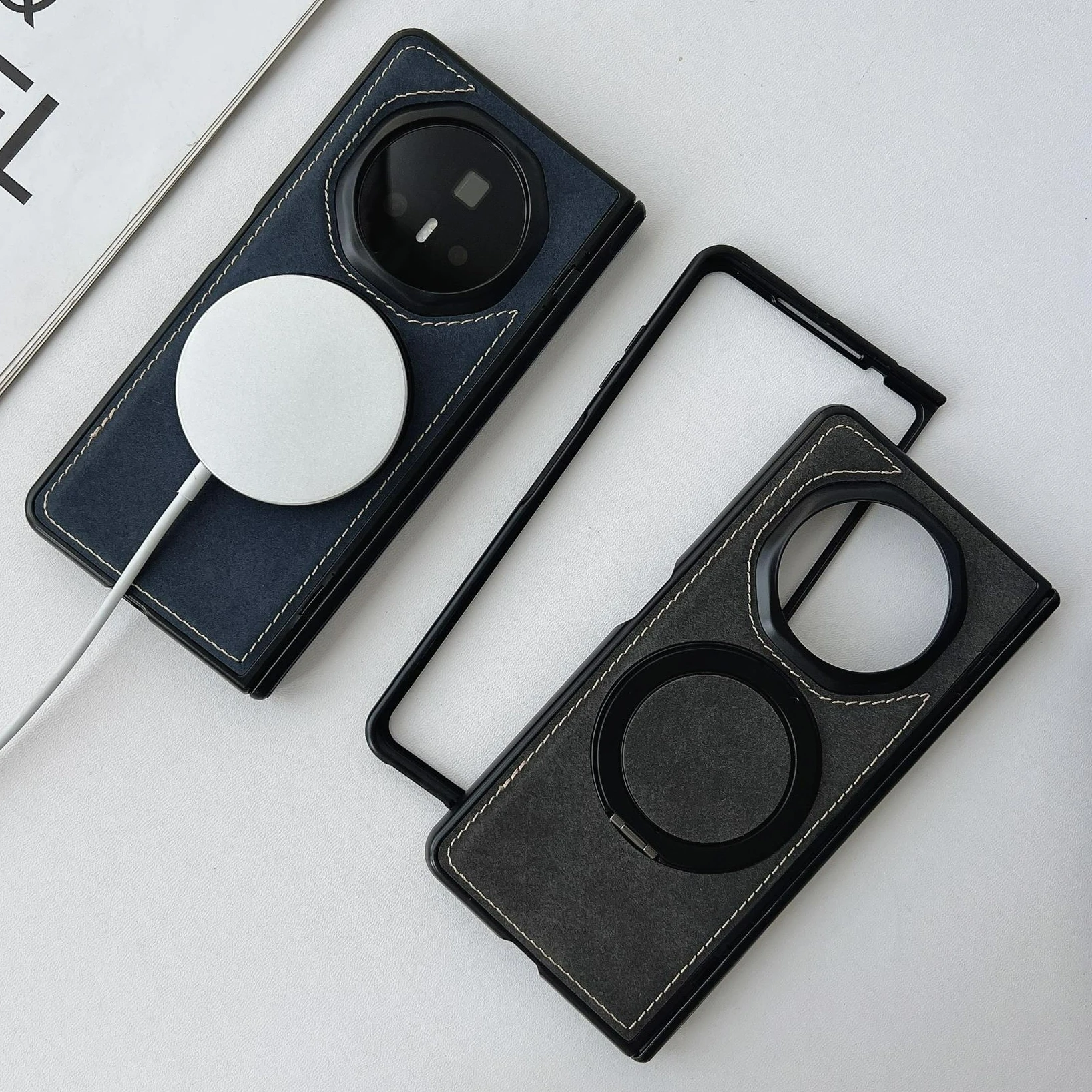 

For Honor Magic V3 Luxury Matte Leather Rotating Ring Holder Magnetic Wireless Charging Shockproof Protection Cover