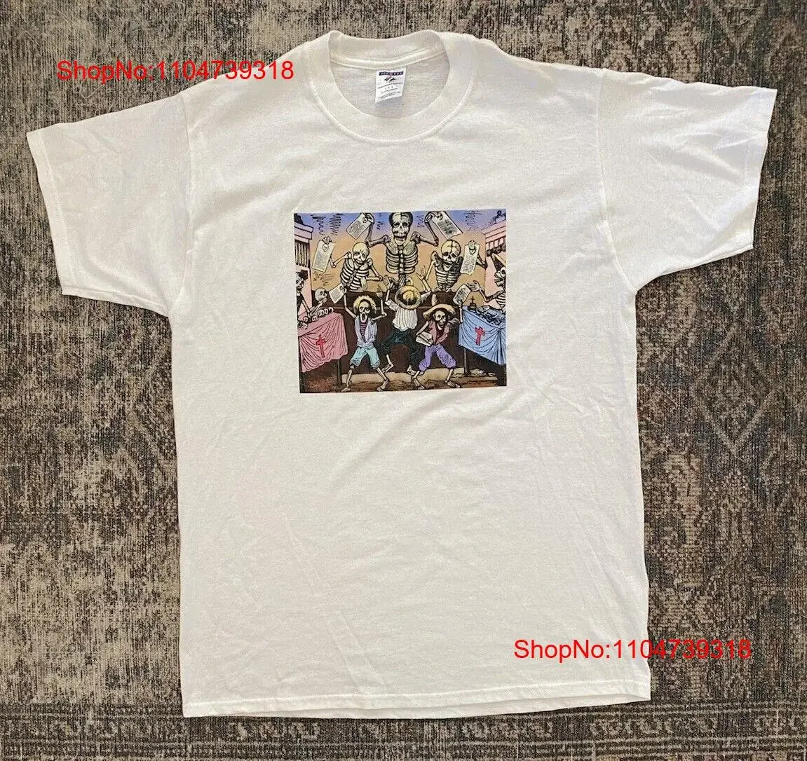 Vintage José Guadalupe Posada cráneo de los periódicos arte camiseta SZ L vintage lavado gráfico estirado Casual elegante ligeramente