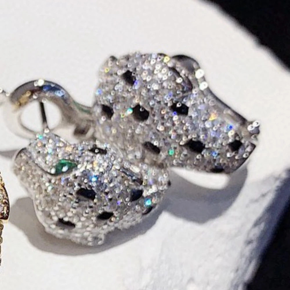 

Solid 925 Silver Emerald Green Eyes Carbon Diamond Panther Leopard Hoop Earrings Fine Luxury Designer Jewelry For Women or Men