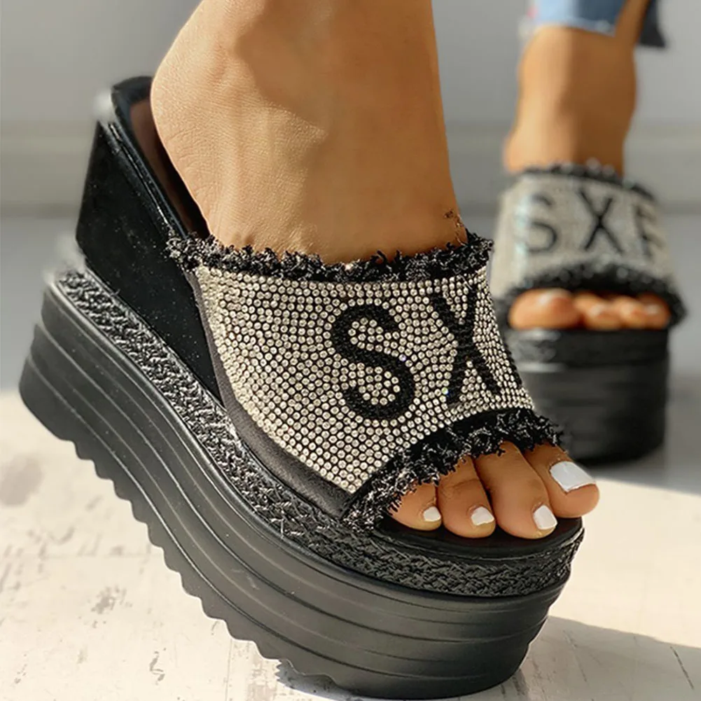 Newest Ladies Shoes Crystals Wedges Woemn\'s High Heels Leisure Summer Sandals Female Thick Sole Diamond Platform Mules Slippers