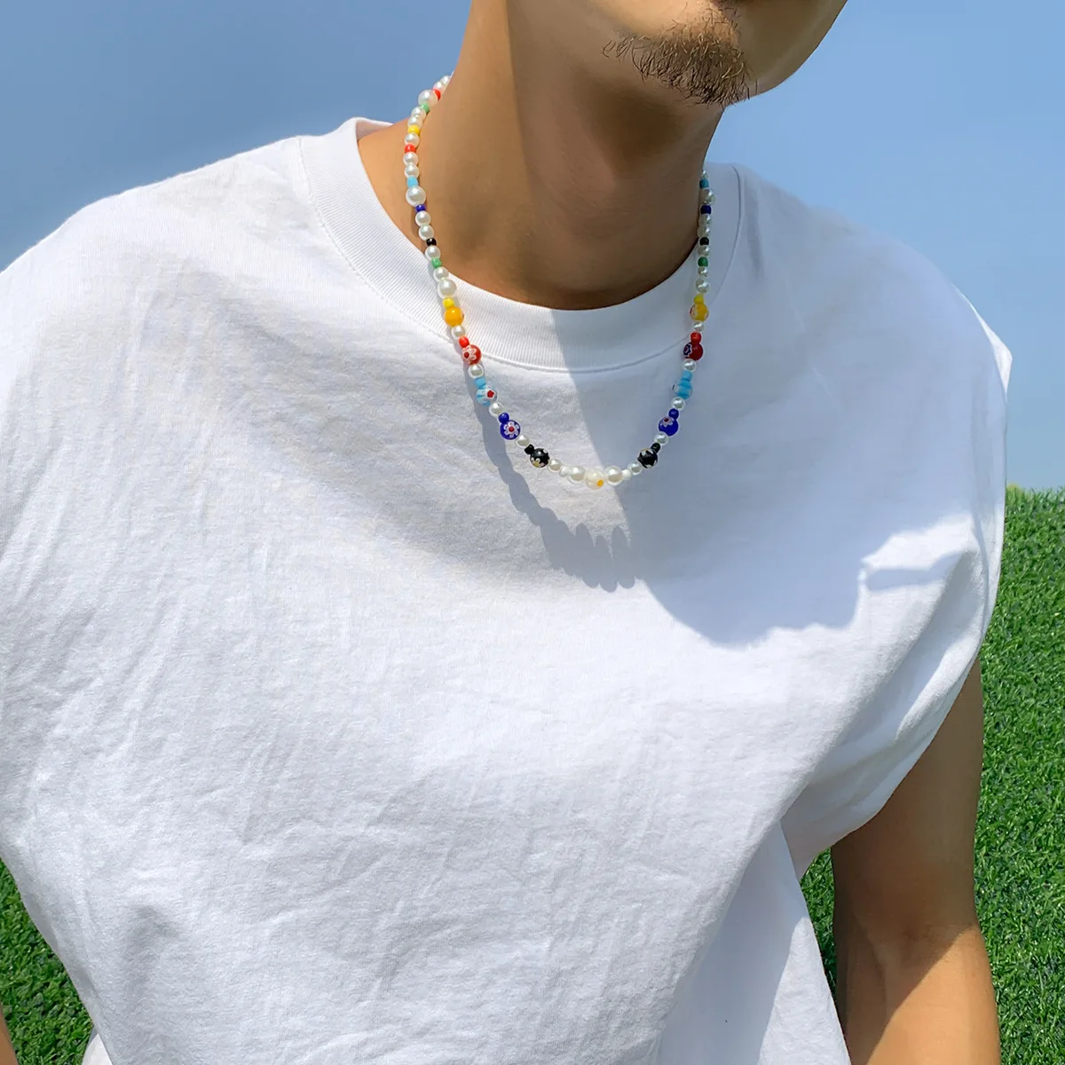 Hip-Hop-Halsketten mit farbig glasierten Perlen, Retro-Halsketten für Männer mit Acrylperlen, böhmischer Schmuck, trendige Accessoires – Detail 1