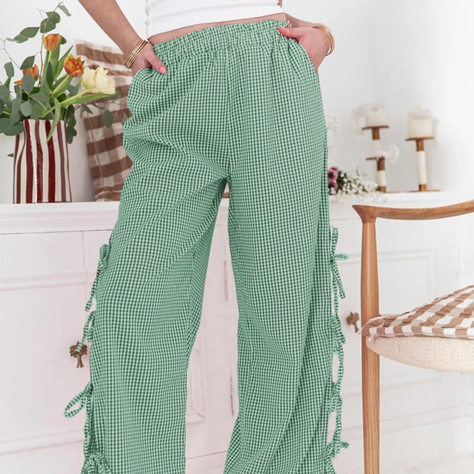 Pantalones holgados de pierna ancha con estampado a cuadros para mujer, ropa estética y2k, cintura alta, pajarita informal, Pantalones rectos Retro, moda