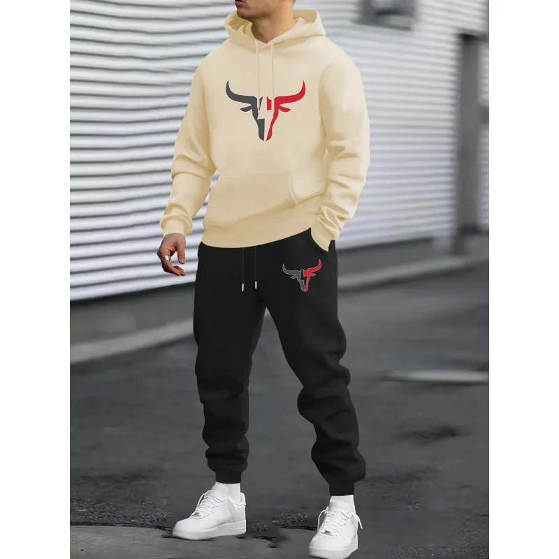 Men'S Two-Piece Long-Sleeve Hoodie Set With Bull Head Logo Print，Casual Sweatshirt Fashion Trend Set