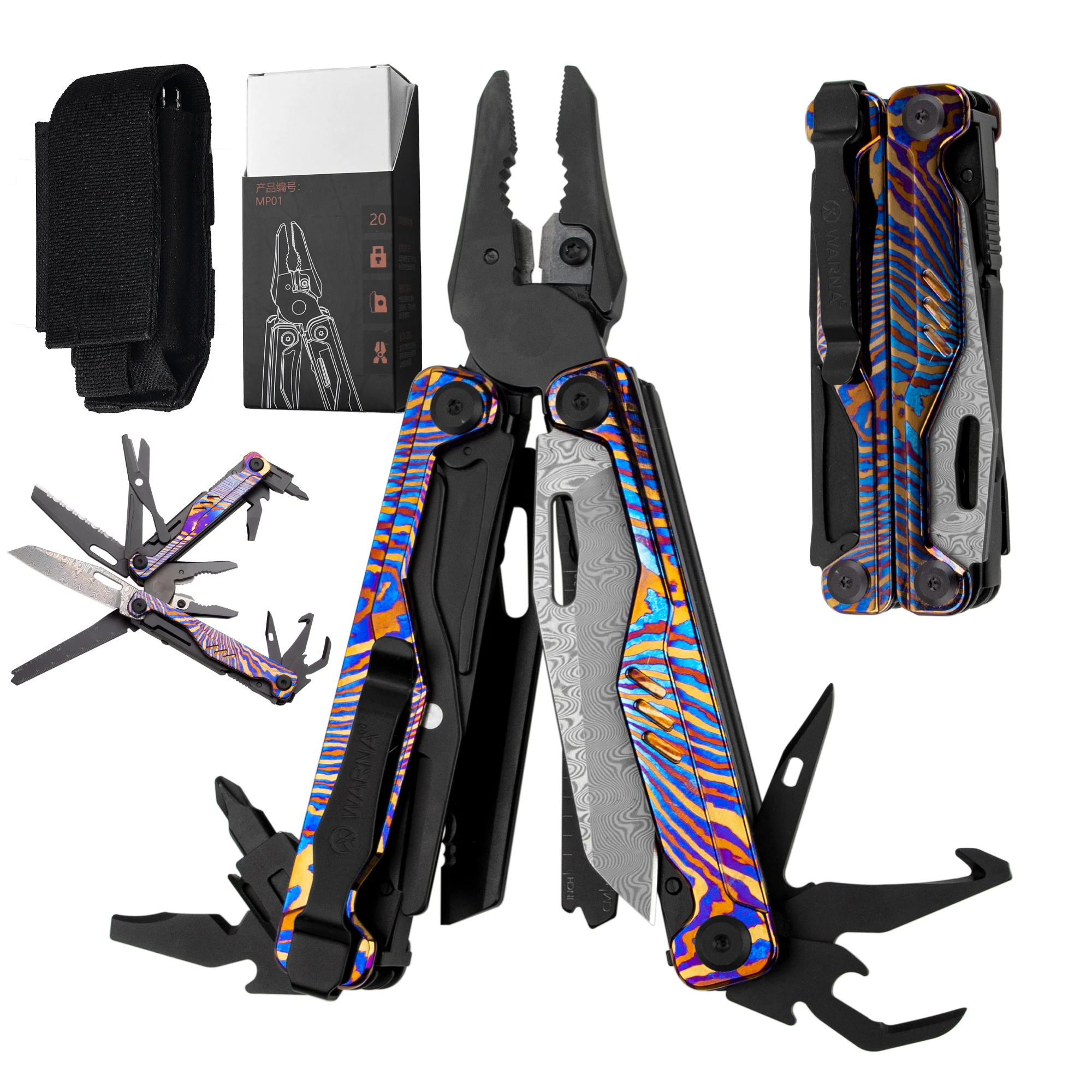 

Outdoor 20 1 Portable Automotive Tactical Damascus Blade CNC High Precision Pliers Wrench 500+ Torque Titanium Multitool Camping