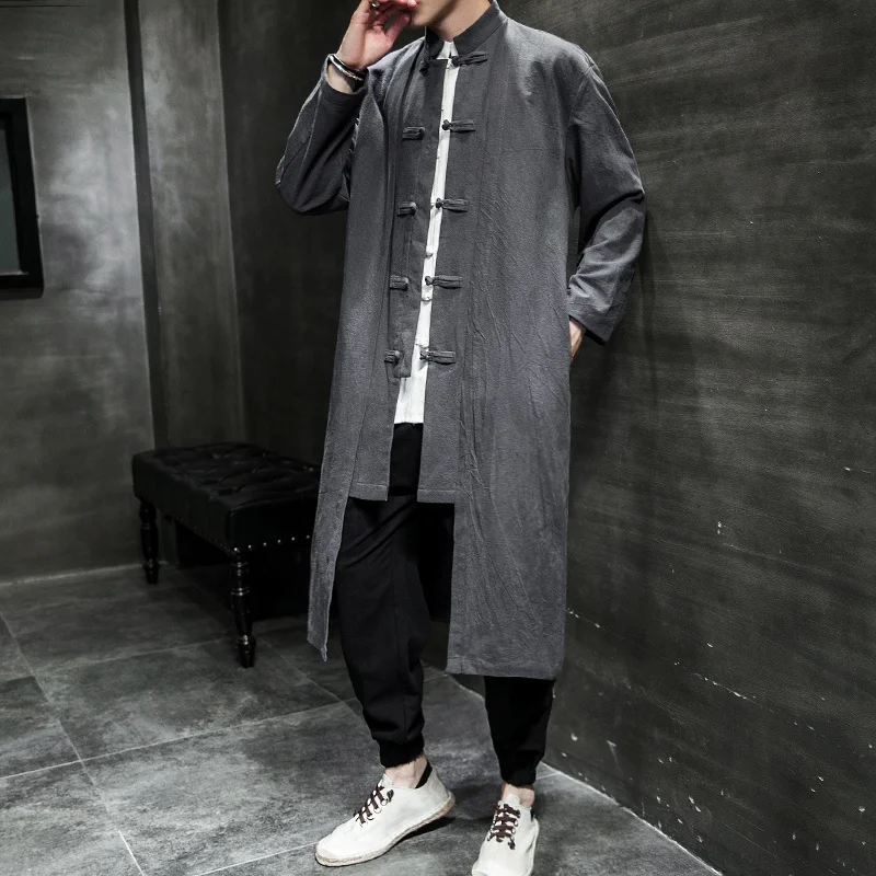 Chinese Traditional Dress Loose Plus Size Robe Retro Tang Suit Long Cardigan Ethnic Style Oversized Trench Coat Men Clothing