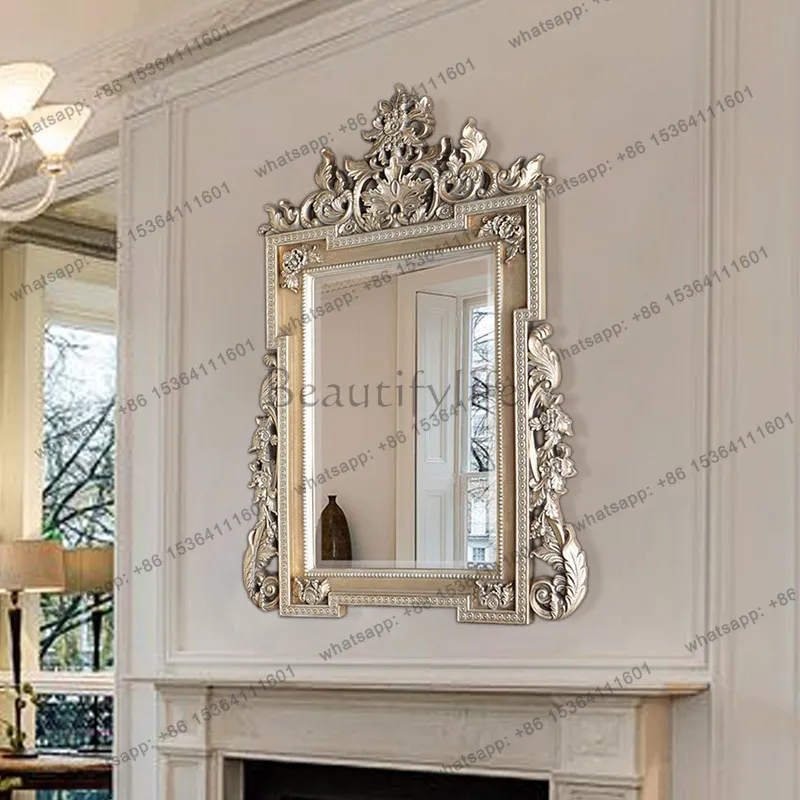 PG European retro court decorative mirror porch wall hanging background wall art mirror carved dresser makeup mirror