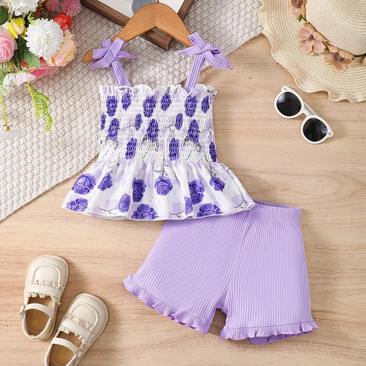 2 Pcs Summer Girls Camisole Floral Top Lace Shorts Casual Suit Sweatshirt Suit For Party Outdoor