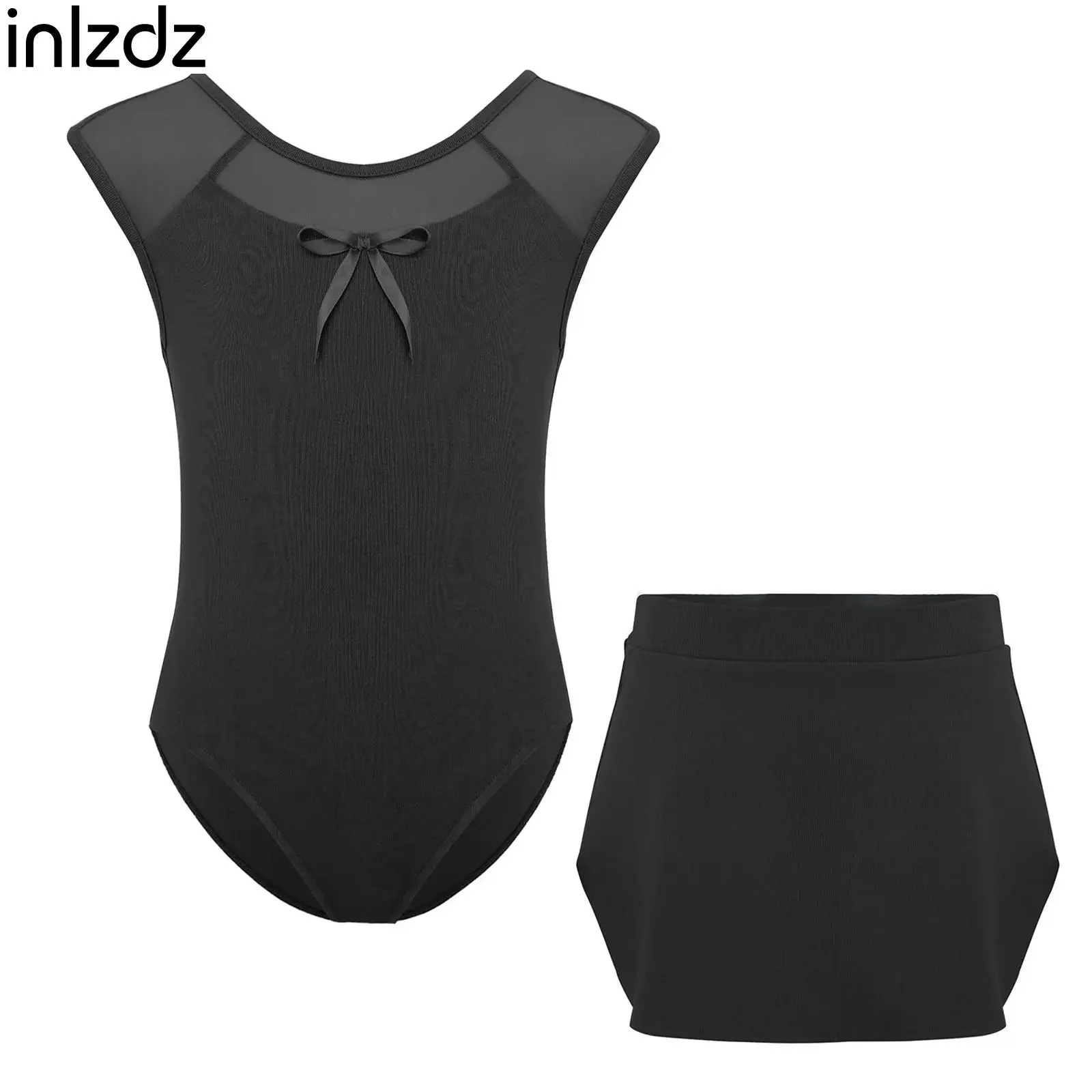 

Girls Athletic Figure Skating Ballet Dance Performance Outfit Teen Kids Sleeveless Sheer Mesh Bow Gymnastics Leotard+Skirts Suit