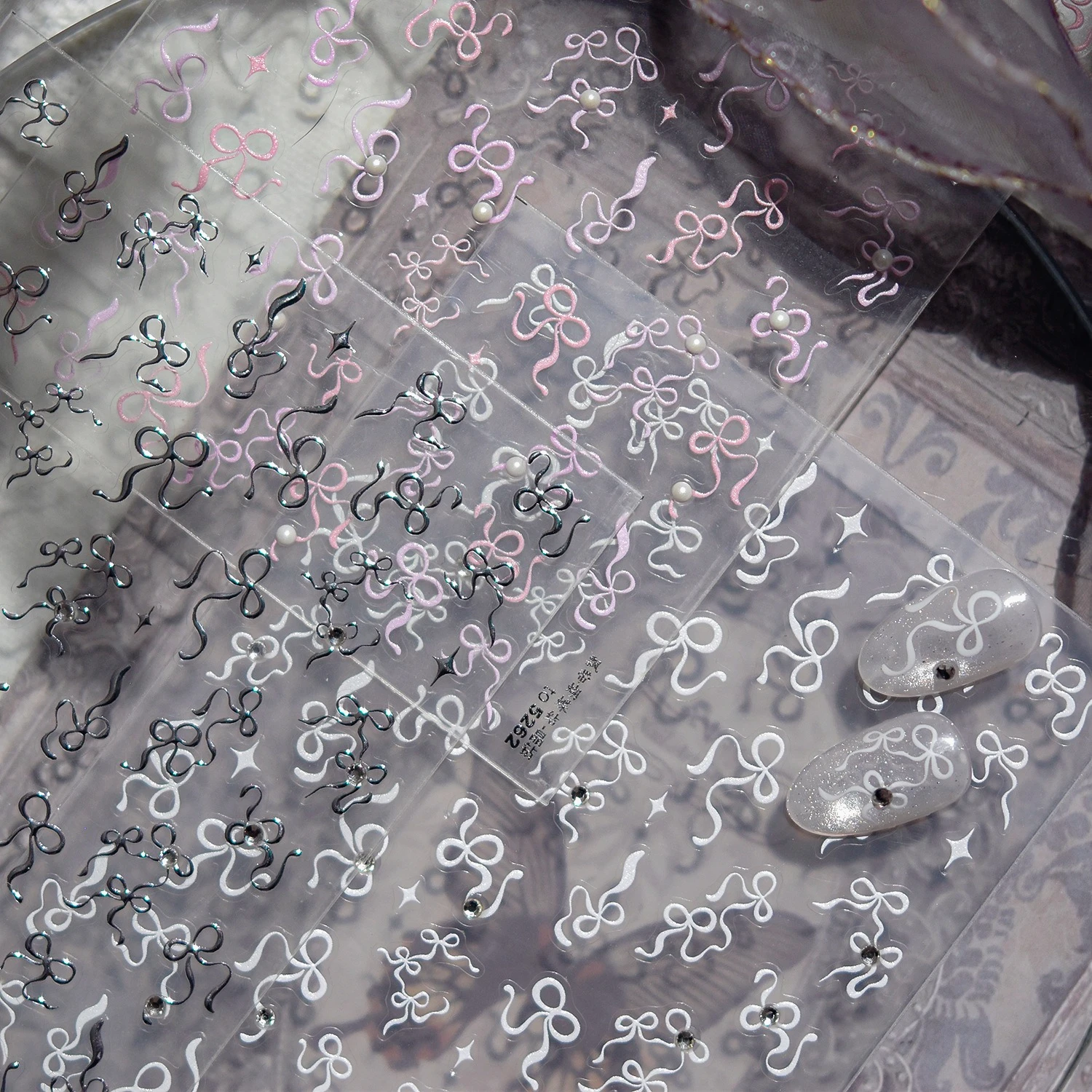 Romantische Roze Wit Zilver Lijn Strik Lint Zirkoon Delicate Vlinderdas Parel Ster Nail Art Stickers Manicure Decals Decoraties