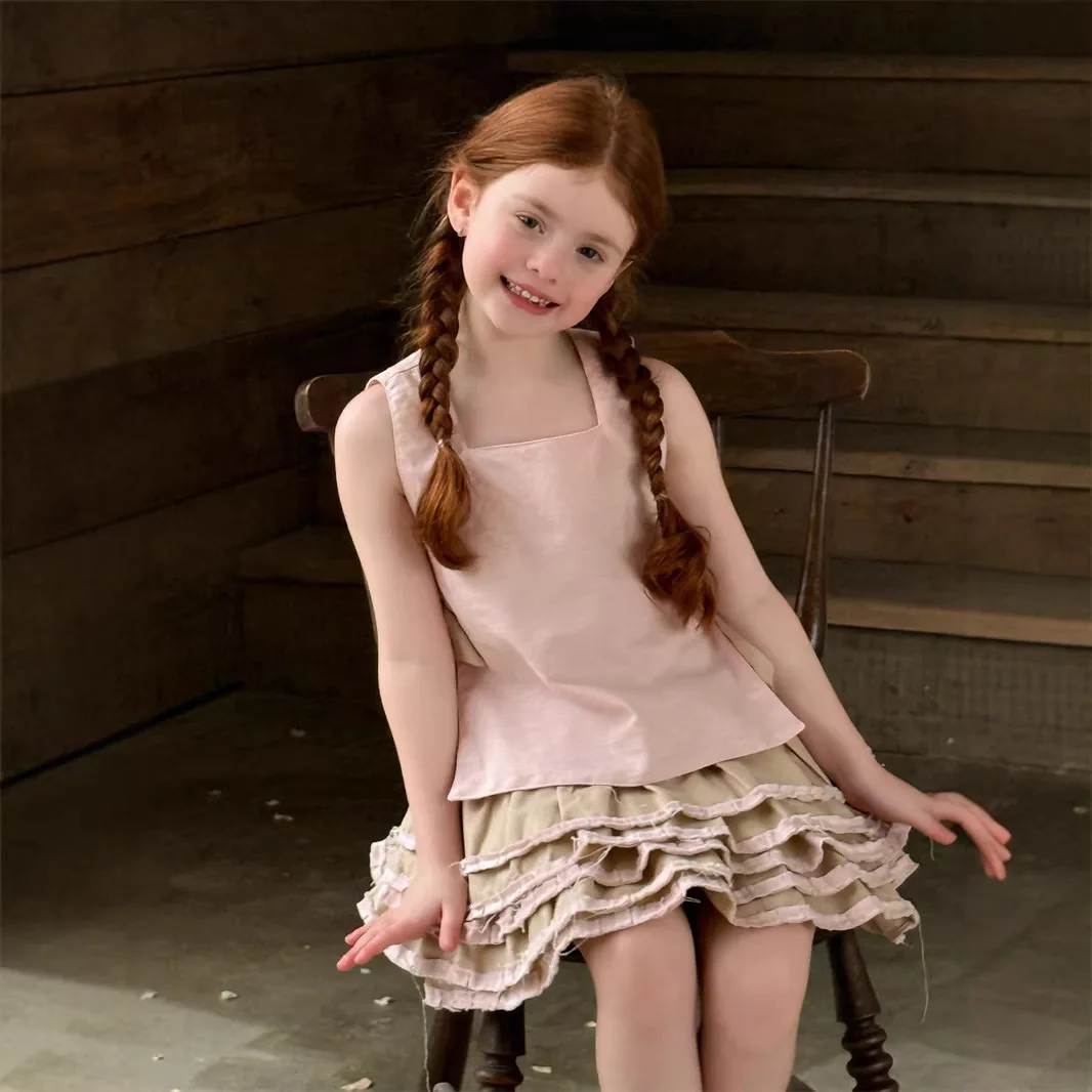 

2026 Spring Summer Girls Cotton and Hemp Sleeveless Set Children Contrast Color Pleated Cake Half Skirt Two Piece Set
