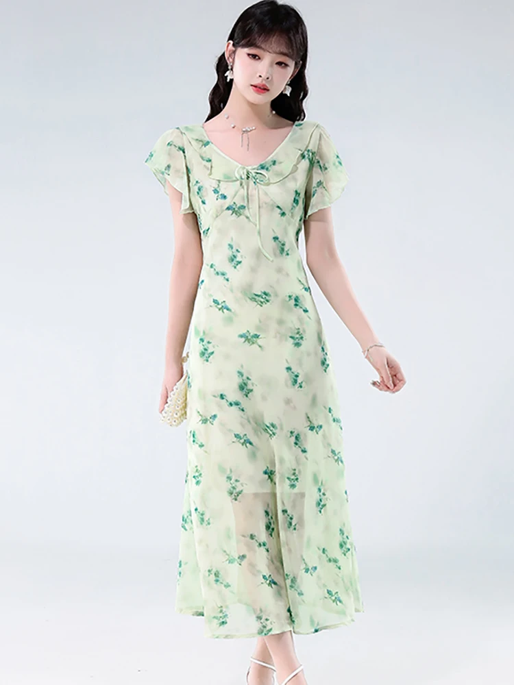 2025 Verde floreale in chiffon con fiocco colletto arricciato abito longuette estate Boho elegante abito intero donna coreano aderente abiti da festa