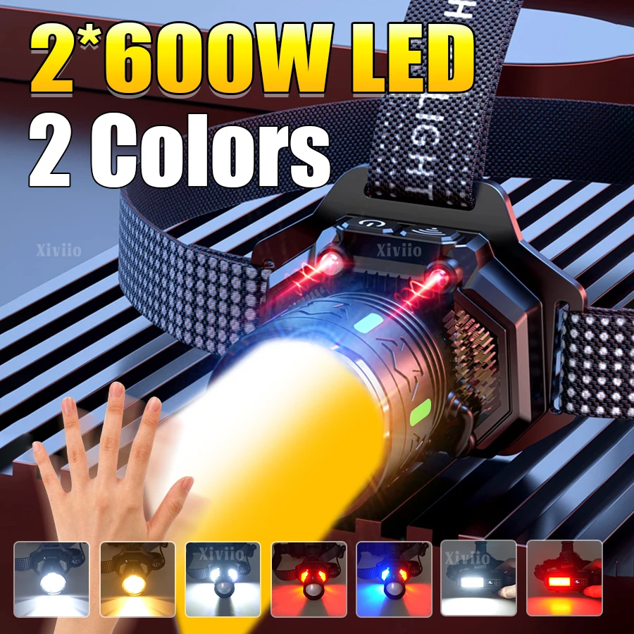 2025 2*600LED Powerful Headlight Motion Sensor Headlamp Front Led Head Flashlight Waterproof Outdoor Camping Cycling Fishing