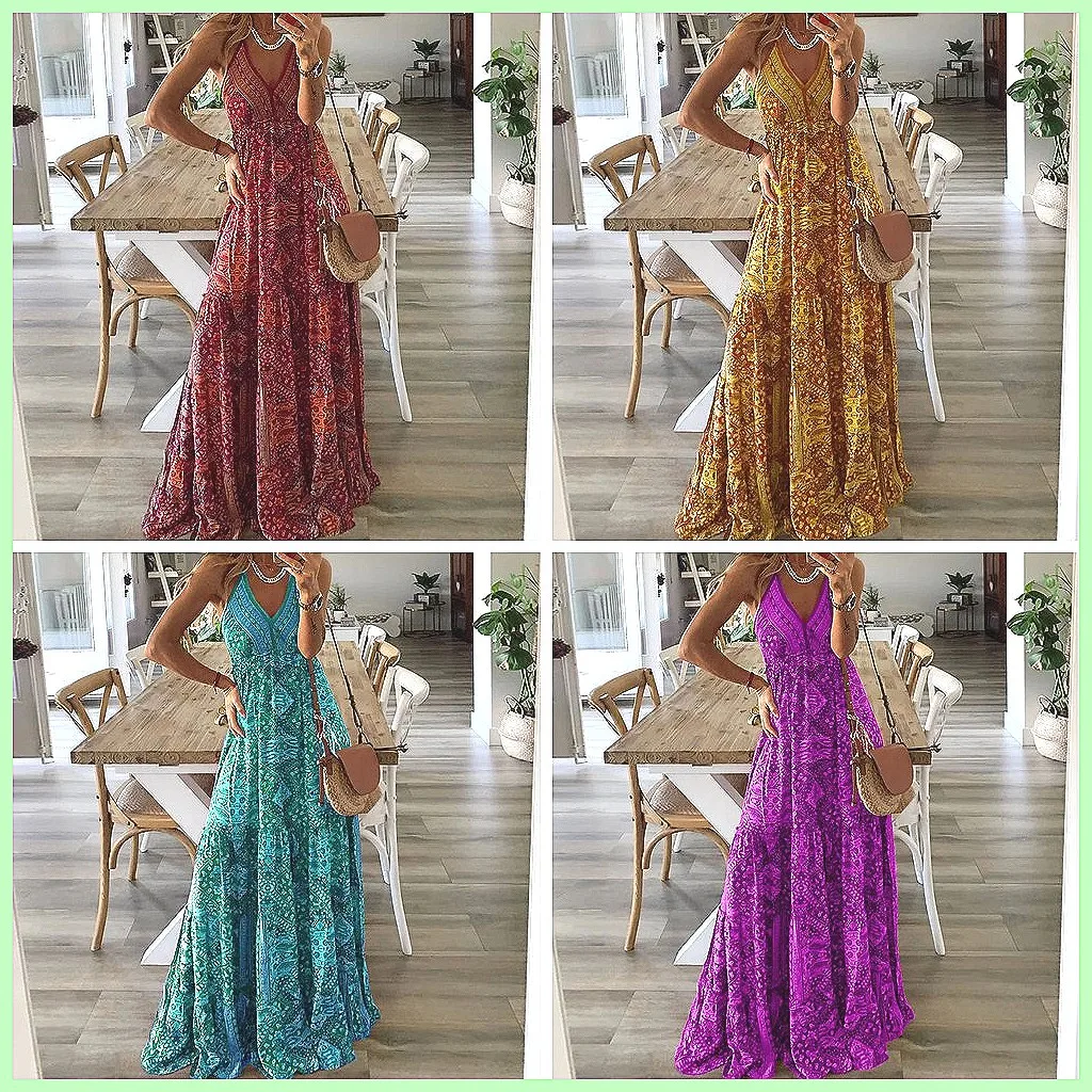

Bohemian Floral Print V-Neck Long Dress for Women, High Waist Suspenders, Elegant & New