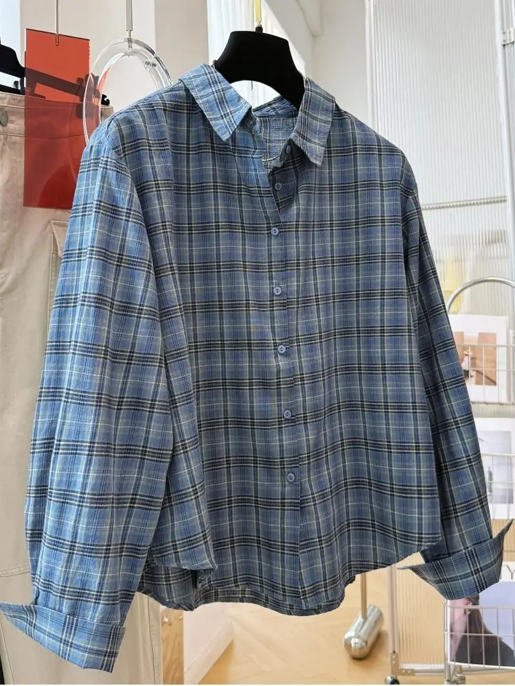 Women Vintage Plaid Cotton Long Sleeve Shirt 2026 Autumn New Korean Style Loose Blouse Fashion Casual Elegant Female Tops