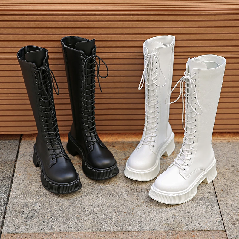 Ritterstiefel zum Schnüren für Damen, neue Plateaustiefel mit mittelhohem Absatz und Blockabsatz, ohne Kniestiefel, hoch