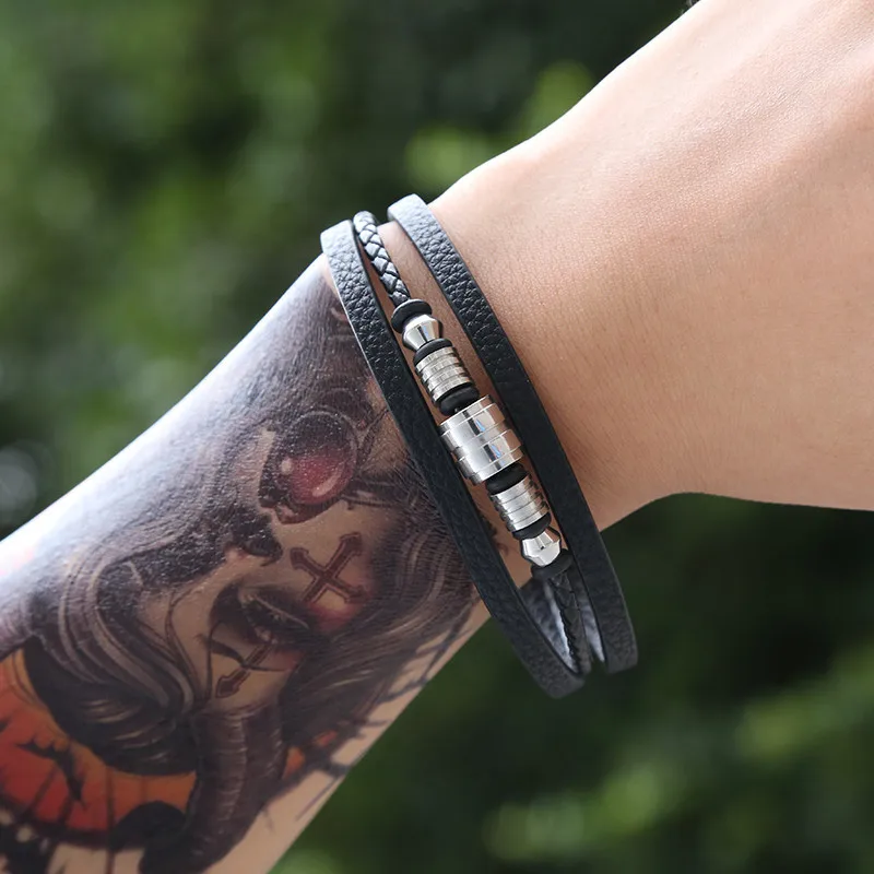 Trendy Fashion Stainless Steel Leather Bracelet Multi Layer Stackable Hip Hop Punk Titanium Steel Bangle
