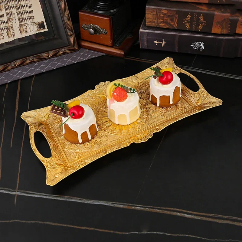 Luxury Metal Rectangular Plate Gold Color Party Wedding Cake Tray Supplies Peacock Style Tray Home Tableware Decoration