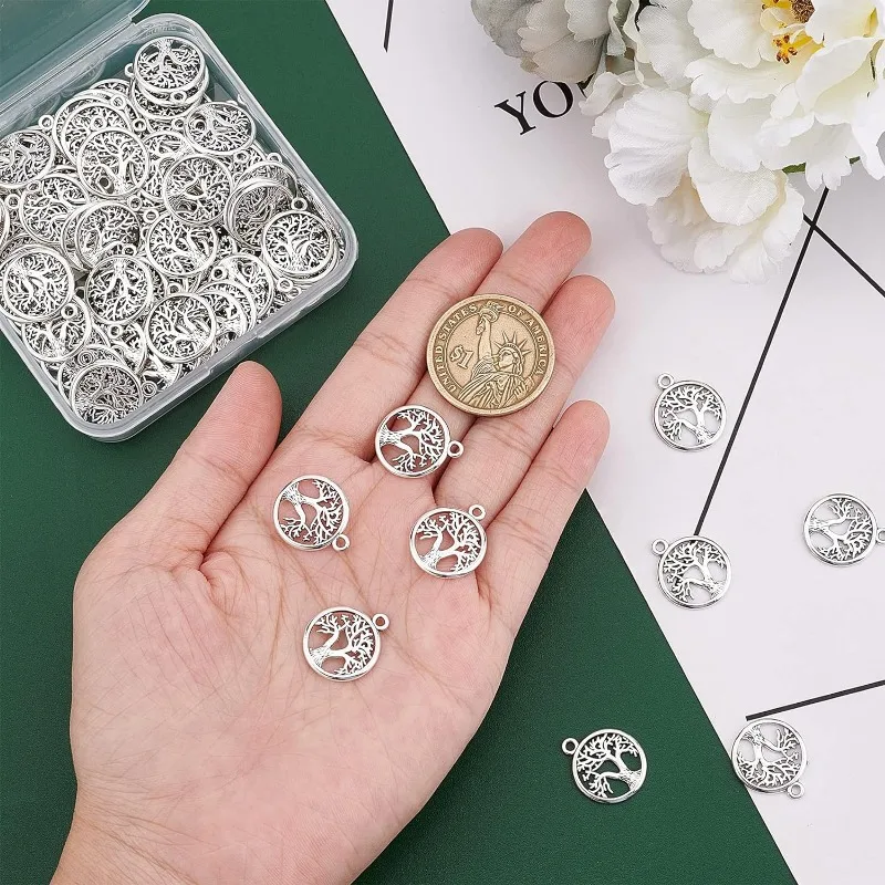 100 Pcs Tree of Life Charms Bulk Tibetan Style Alloy Flat Round Pendants for Jewelry Making Charms DIY Craft Dangle